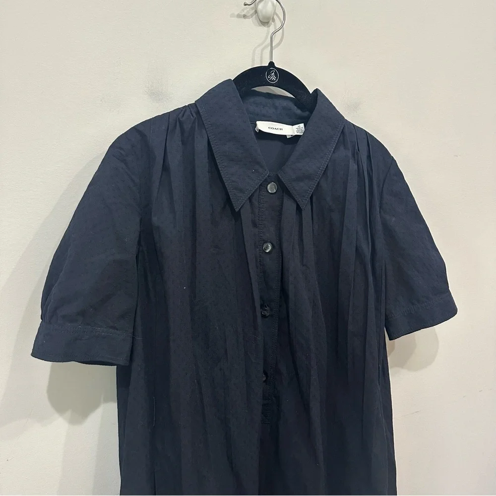 Coach Pleated Swing Dress Dark Blue Embroidered Short Sleeve Pockets